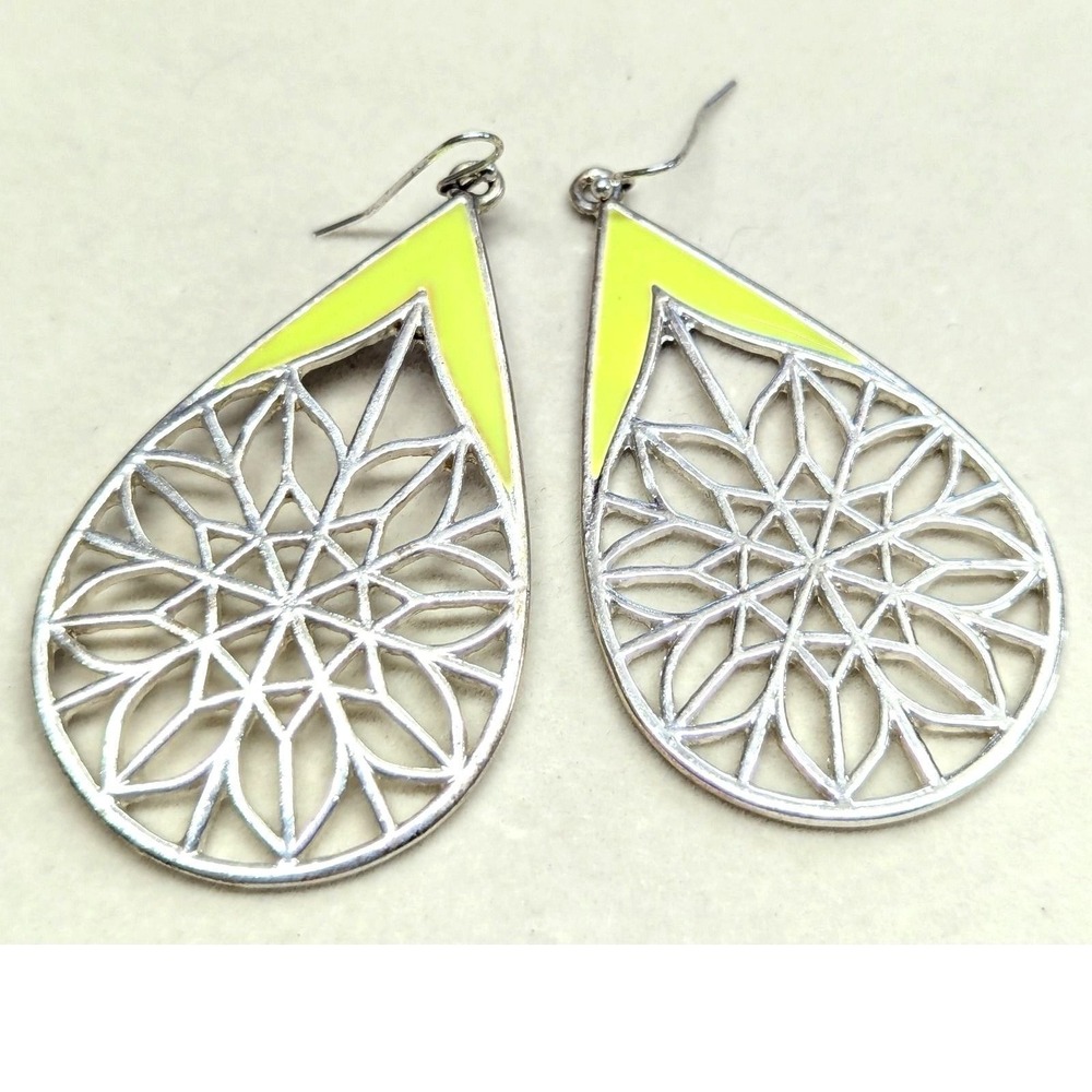 Teardrop Filigree Earrings Silver Tone Neon Yellow Enamel Boho Dangle Large 2.5"